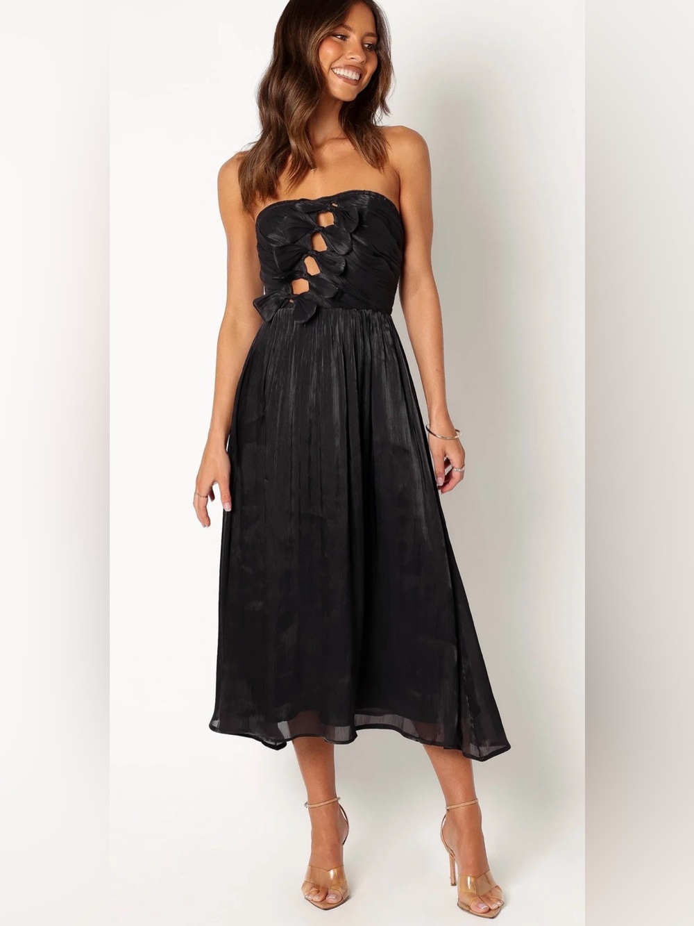 NWT Petal & Pup Mila Strapless Bow Cutout Midi Dress Black Pleated